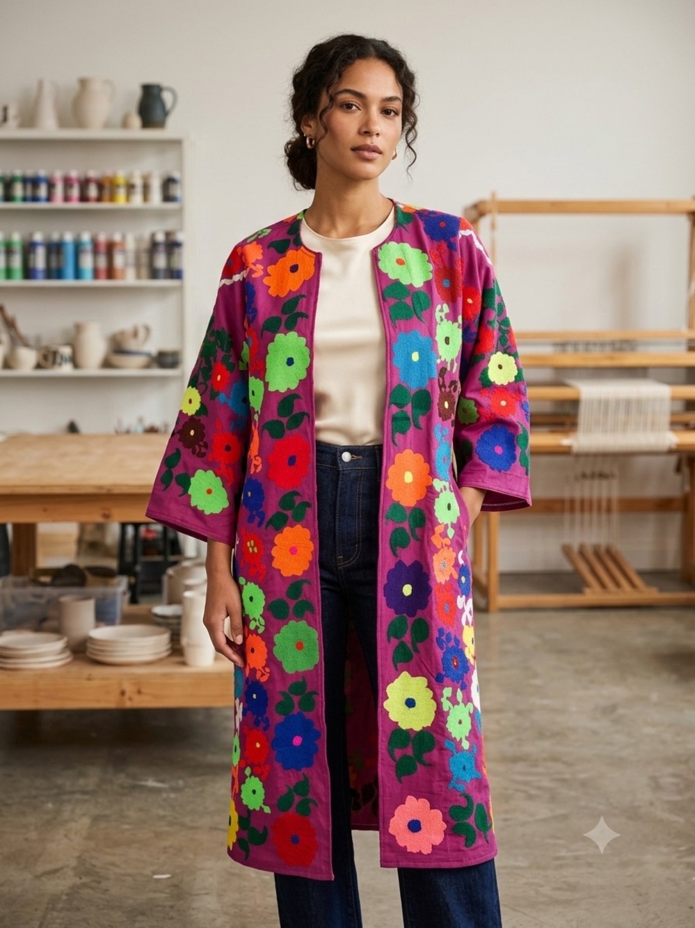 Vintage 70s Afghan Hand Embroidered Coat Floral Boho Folk Art Duster Maxi - Picture 3 of 11